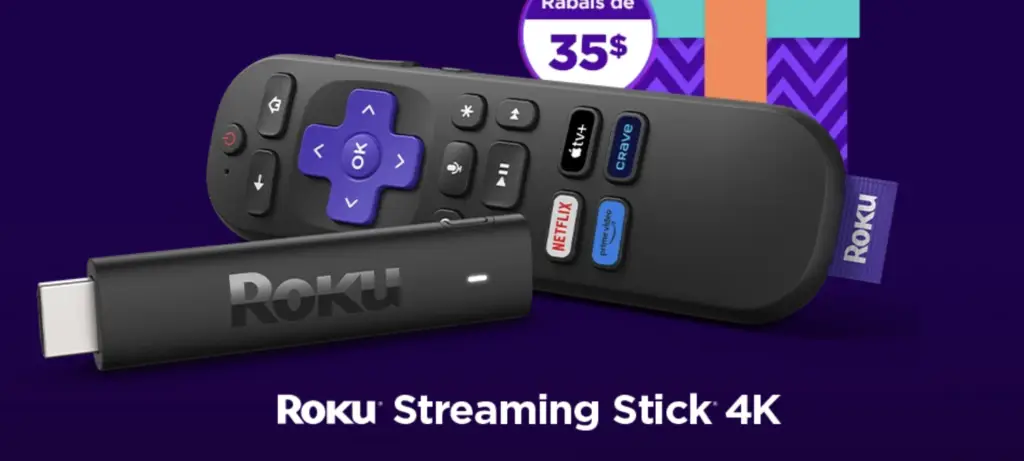 Roku Streaming Stick 4K avec télécommande, compatible avec les services IPTV Quebec et plateformes comme Netflix et Prime Video.