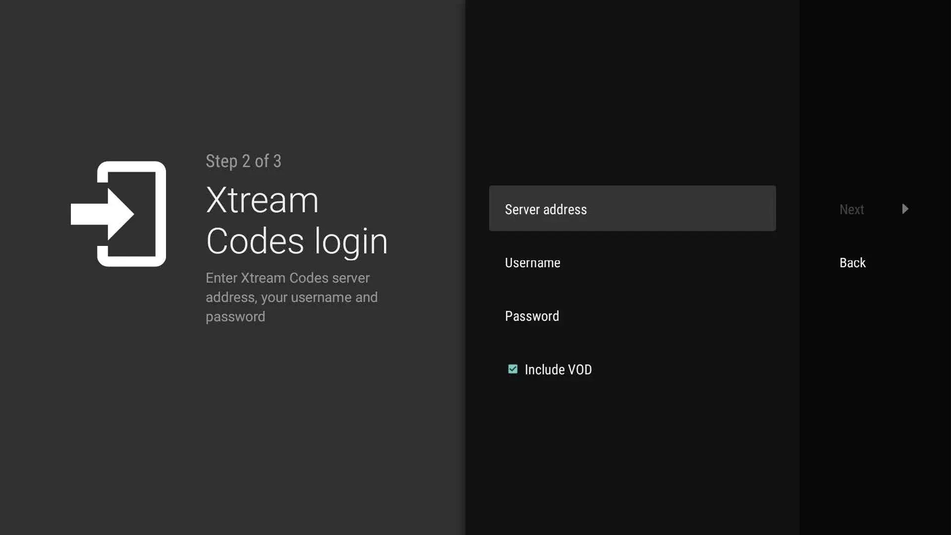 Écran de connexion Xtream Codes sur une application IPTV pour entrer les informations de serveur, compatible avec IPTV Quebec.