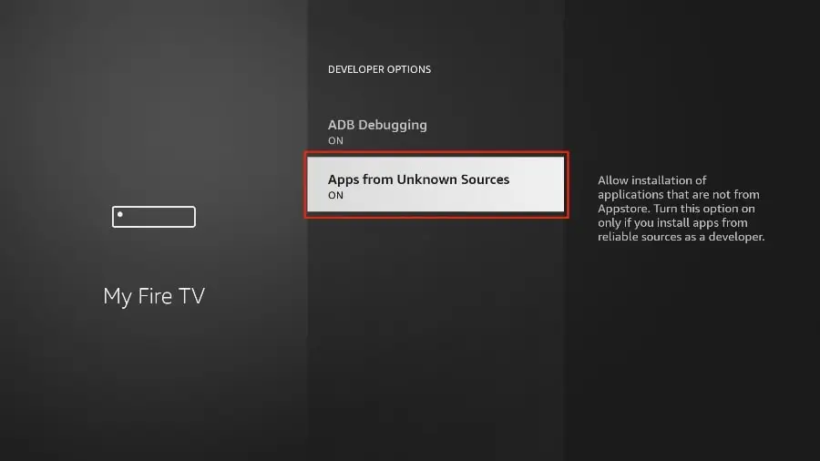 Écran des options des développeurs sur Fire TV montrant l'activation des applications de sources inconnues pour IPTV Quebec.