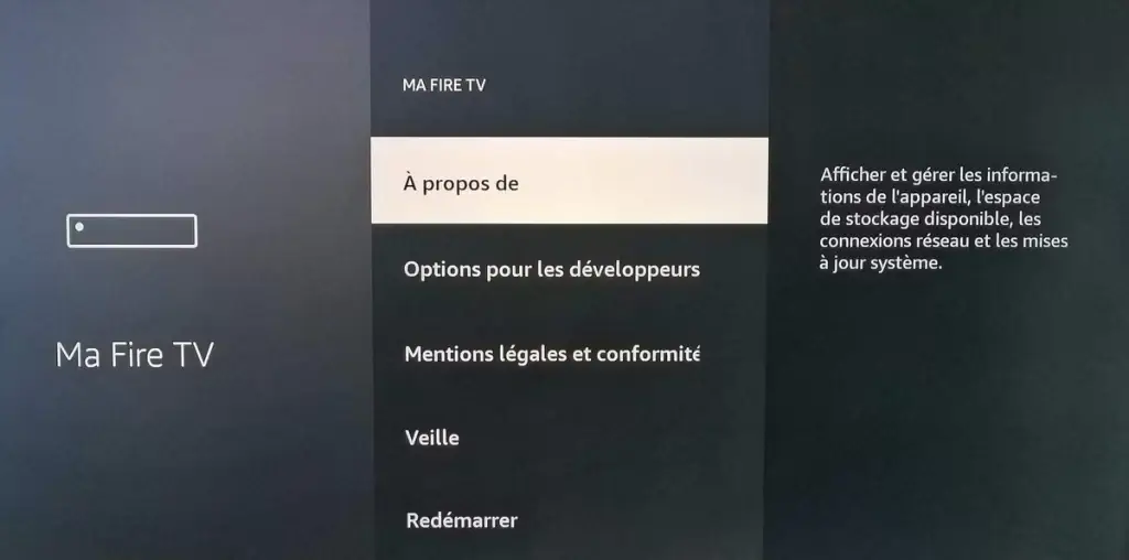 Écran des paramètres "À propos" de Fire TV, permettant de consulter les informations système, l'espace de stockage et les mises à jour.