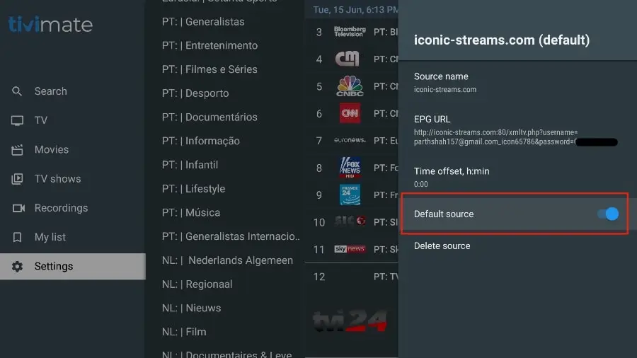 Paramètres TiviMate montrant l'option EPG pour configurer les chaînes avec IPTV Quebec.