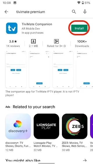 Écran du Google Play Store affichant l'application Tivimate Companion, permettant de gérer les abonnements IPTV Quebec avec l'option d'installation visible.