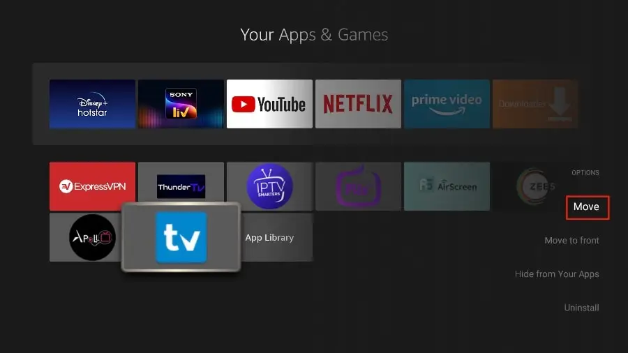 Écran de gestion des applications sur Fire TV, montrant l'option "Move" pour déplacer l'application Tivimate, utilisée pour accéder à IPTV Quebec.