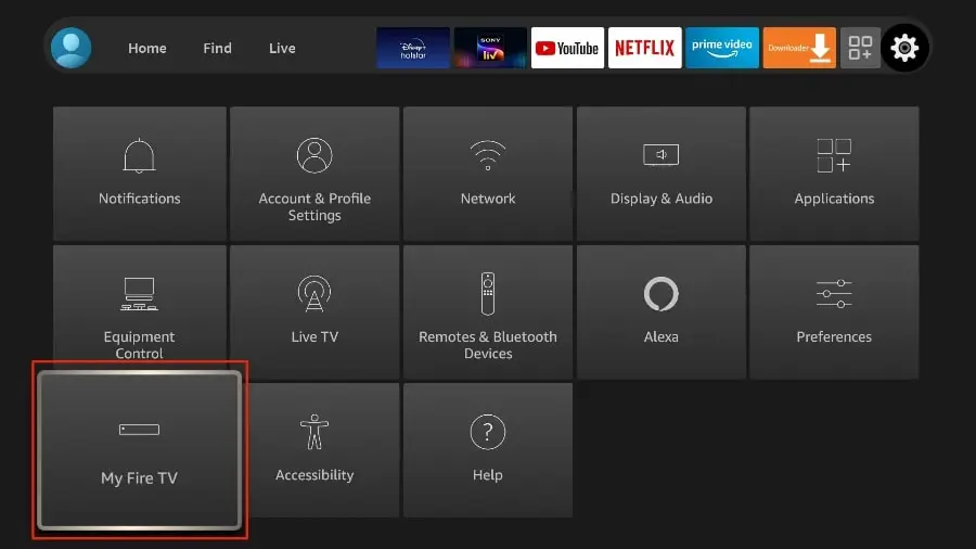 Menu des paramètres de Fire TV avec l'option "My Fire TV" mise en avant, essentiel pour configurer IPTV Quebec.