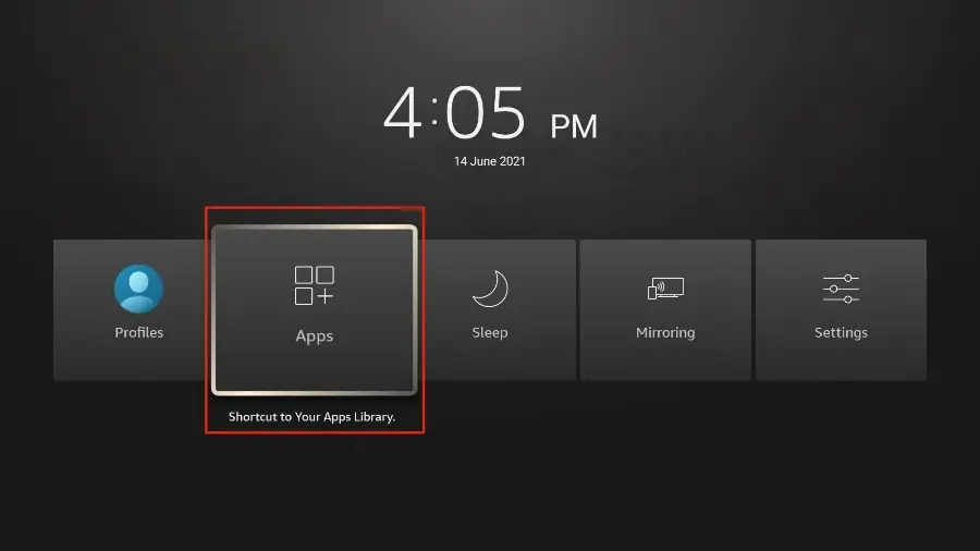 Menu des applications sur un appareil Fire TV, permettant un accès rapide aux apps installées, essentiel pour configurer IPTV Quebec.