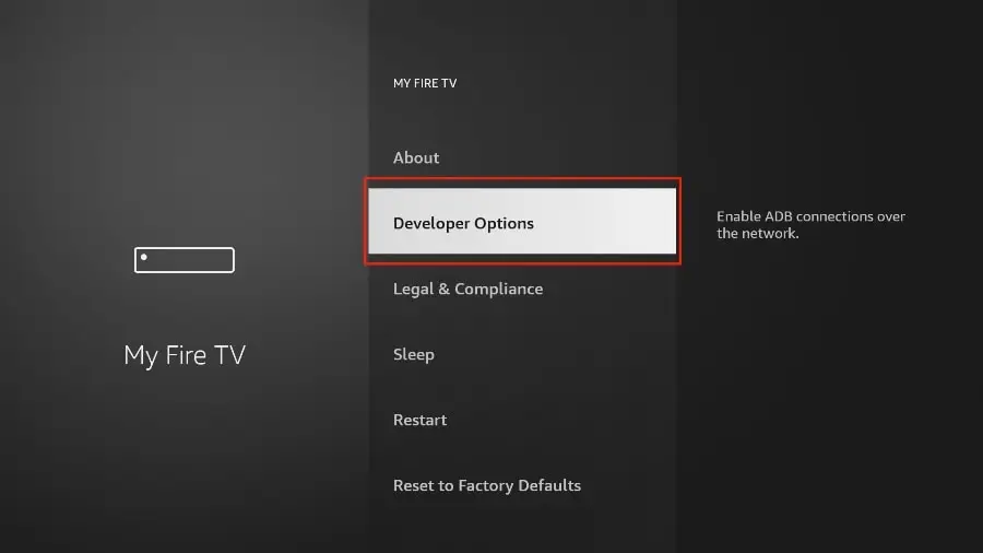 Menu des options développeur sur un appareil Fire TV, étape essentielle pour activer des fonctionnalités avancées pour IPTV Quebec.