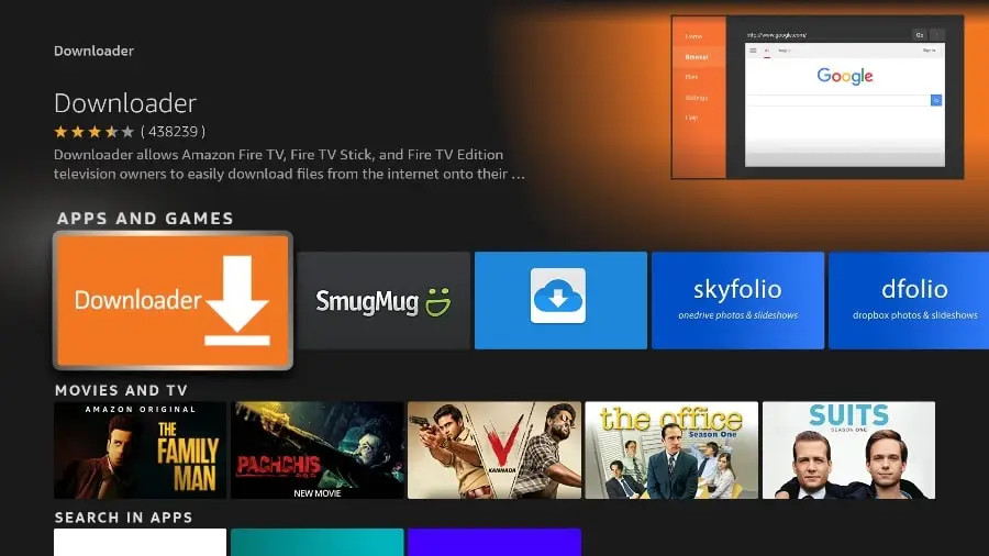 Interface Fire TV montrant l'application "Downloader" mise en avant, essentielle pour configurer et télécharger IPTV Quebec.