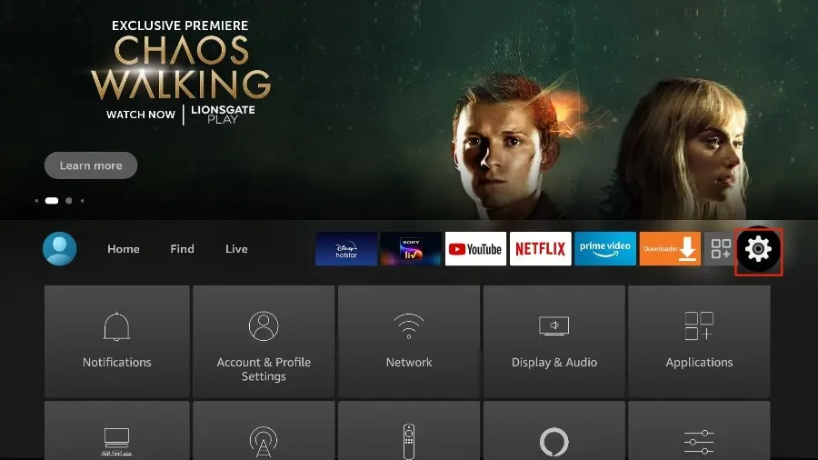 Écran de navigation vers les paramètres sur Fire TV, idéal pour configurer les services IPTV Quebec.