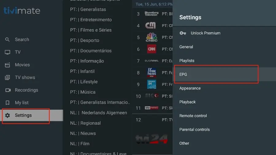 Paramètres TiviMate montrant l'option EPG pour configurer les chaînes avec IPTV Quebec.